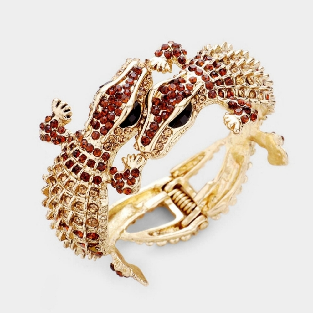 Brown Rhinestone Alligator Crocodile Double Head Cuff Bracelet Statement Jewelry